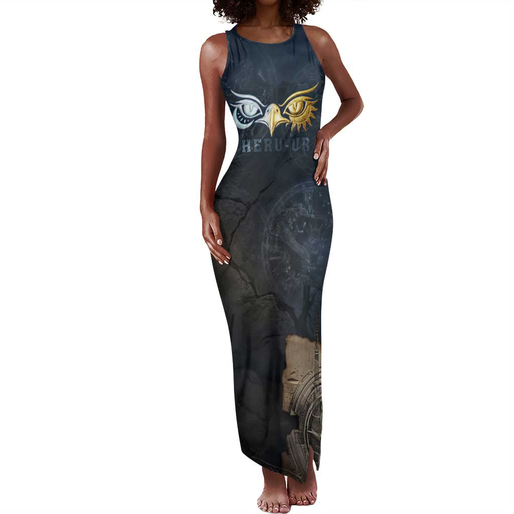 Heru-Ur Falcon Eyes Tank Maxi Dress Solar Disk Ancient Egyptian Mythology in Dark Stone