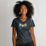 Heru-Ur Falcon Eyes Women V-Neck T-Shirt Solar Disk Ancient Egyptian Mythology in Dark Stone