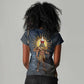 Heru-Ur Falcon Eyes Women V-Neck T-Shirt Solar Disk Ancient Egyptian Mythology in Dark Stone