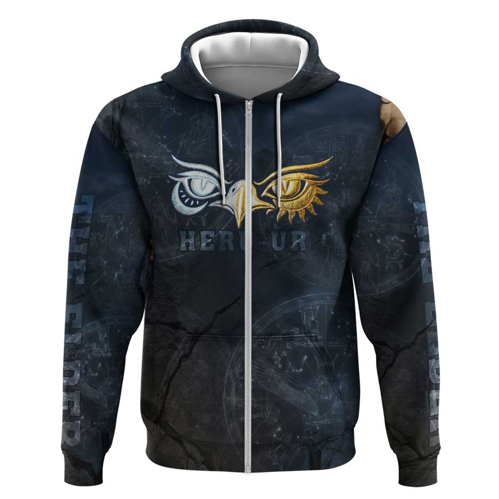 Heru-Ur Falcon Eyes Zip Hoodie Solar Disk Ancient Egyptian Mythology in Dark Stone