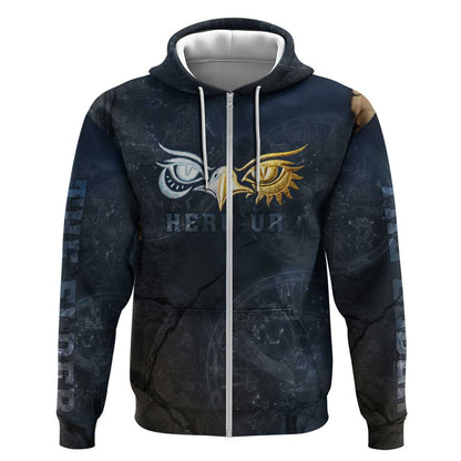 Heru-Ur Falcon Eyes Zip Hoodie Solar Disk Ancient Egyptian Mythology in Dark Stone