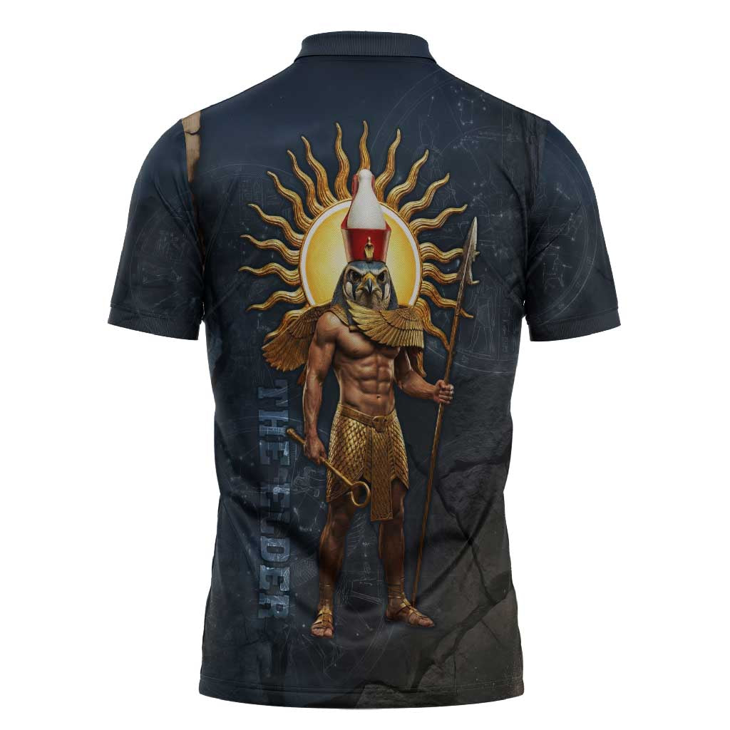 Heru-Ur Falcon Eyes Zipper Polo Shirt Solar Disk Ancient Egyptian Mythology in Dark Stone