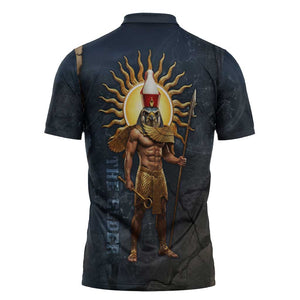 Heru-Ur Falcon Eyes Zipper Polo Shirt Solar Disk Ancient Egyptian Mythology in Dark Stone