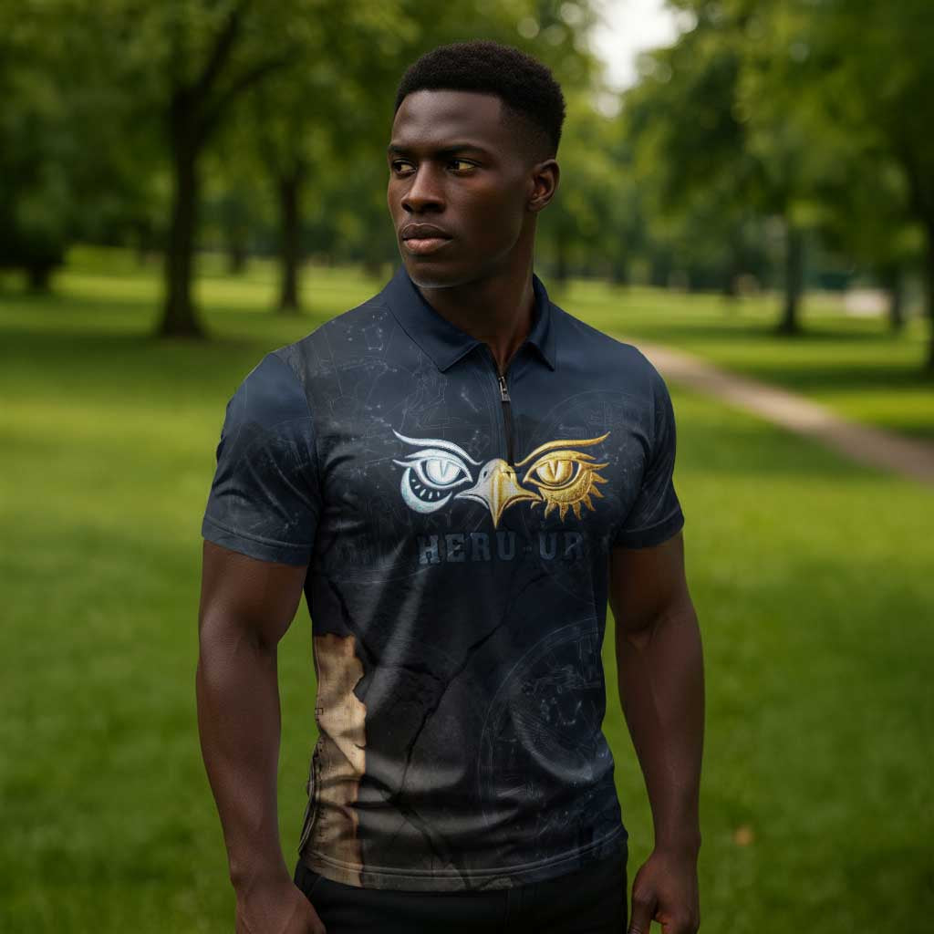 Heru-Ur Falcon Eyes Zipper Polo Shirt Solar Disk Ancient Egyptian Mythology in Dark Stone