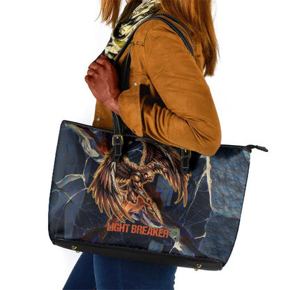 Heru-Ur Leather Tote Bag Flaming Wings and Sword Ancient Egyptian Warrior