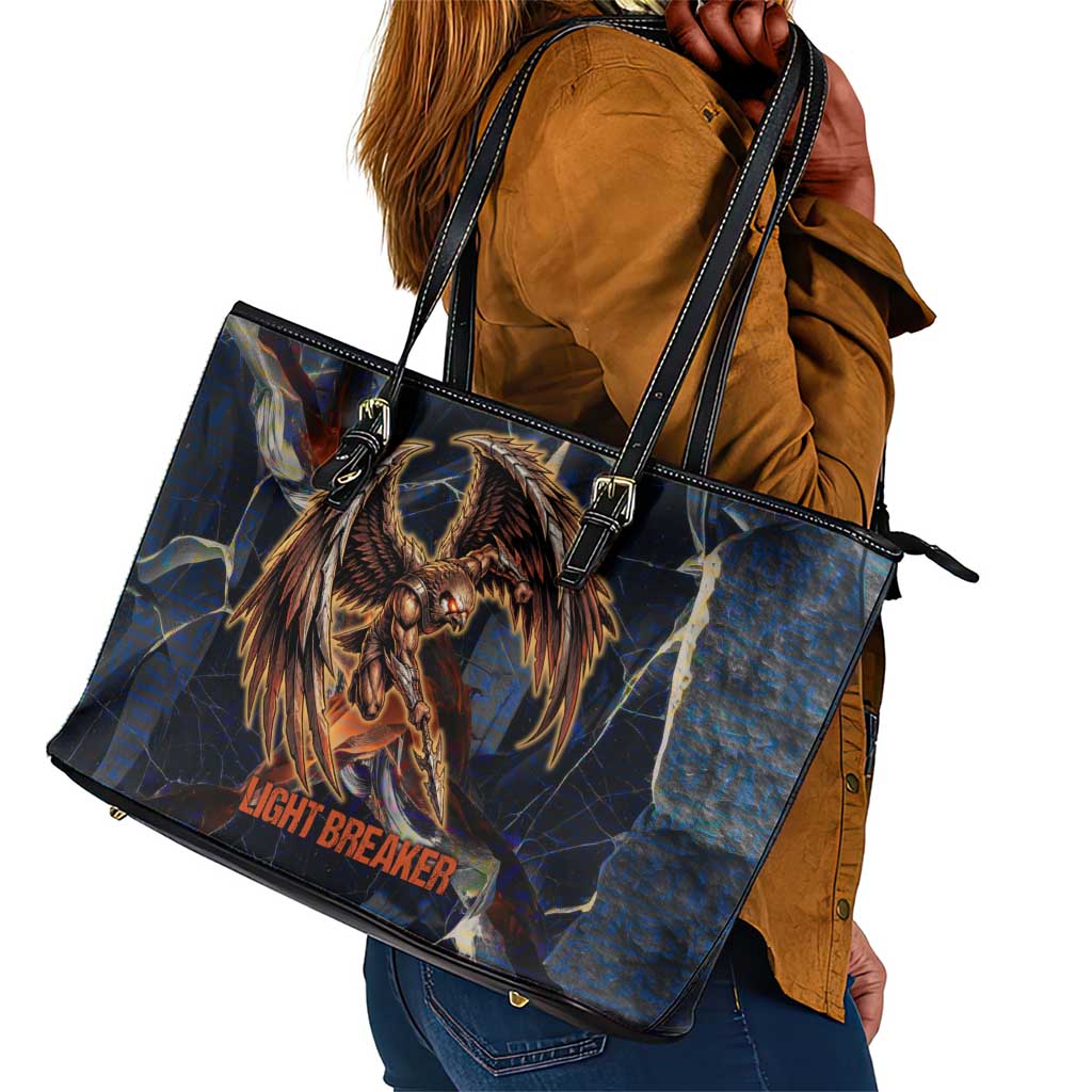 Heru-Ur Leather Tote Bag Flaming Wings and Sword Ancient Egyptian Warrior