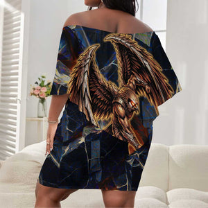 Heru-Ur Off Shoulder Short Dress Flaming Wings and Sword Ancient Egyptian Warrior