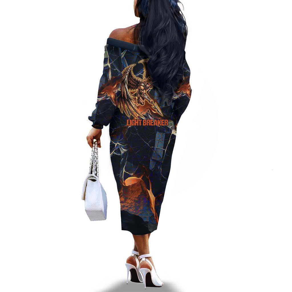 Heru-Ur Off The Shoulder Long Sleeve Dress Flaming Wings and Sword Ancient Egyptian Warrior
