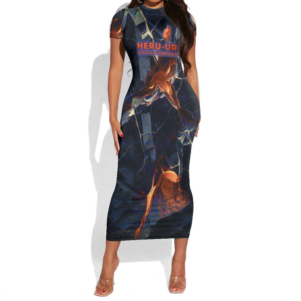 Heru-Ur Short Sleeve Bodycon Dress Flaming Wings and Sword Ancient Egyptian Warrior