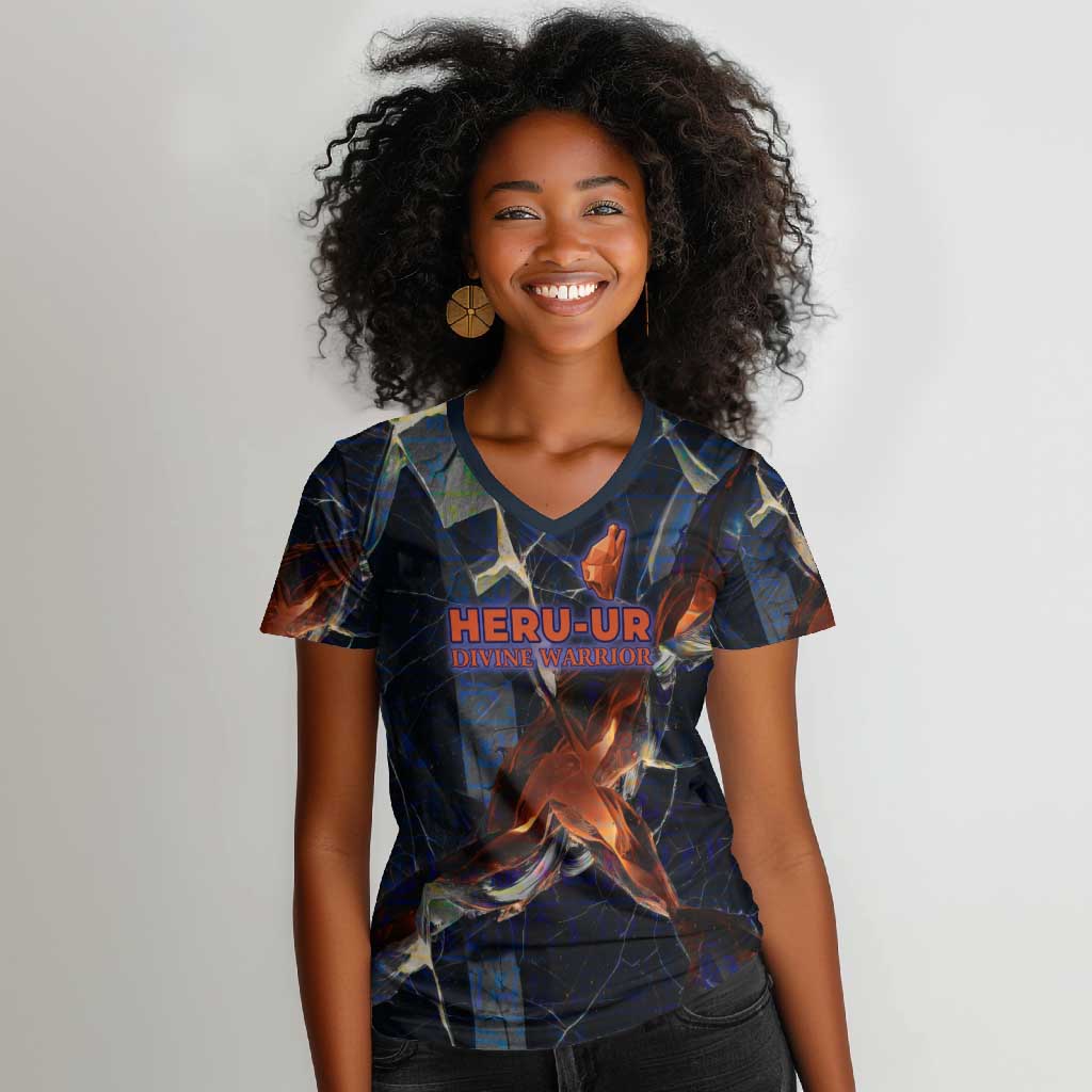 Heru-Ur Women V-Neck T-Shirt Flaming Wings and Sword Ancient Egyptian Warrior