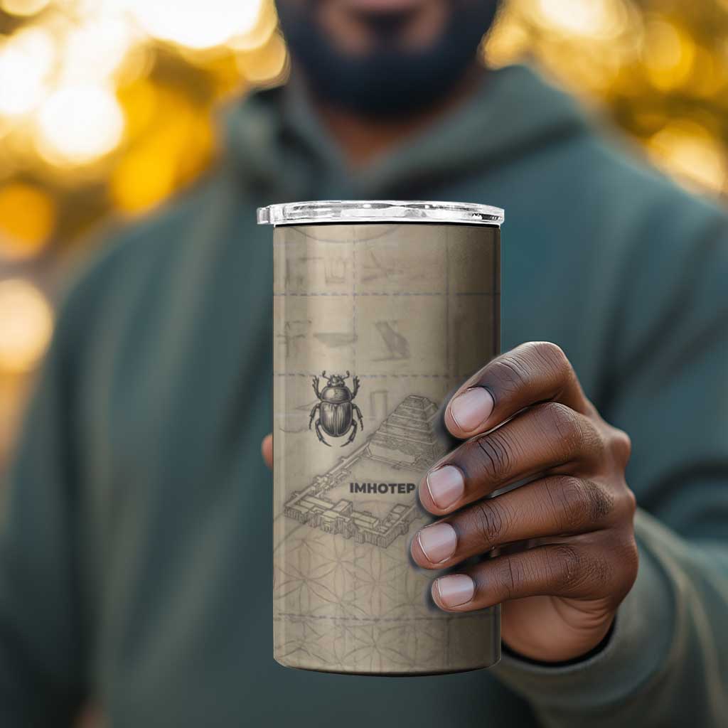 Imhotep 4 in 1 Can Cooler Tumbler Pyramid Blueprints Ancient Egyptian Architecture and Priest