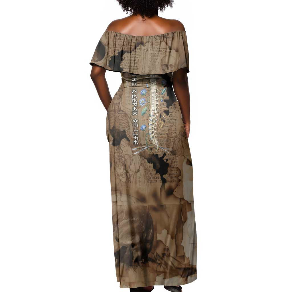 Imhotep Eye of Horus Off Shoulder Maxi Dress Papyrus Scrolls Ancient Egyptian Medicine