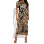 Imhotep Eye of Horus Short Sleeve Bodycon Dress Papyrus Scrolls Ancient Egyptian Medicine