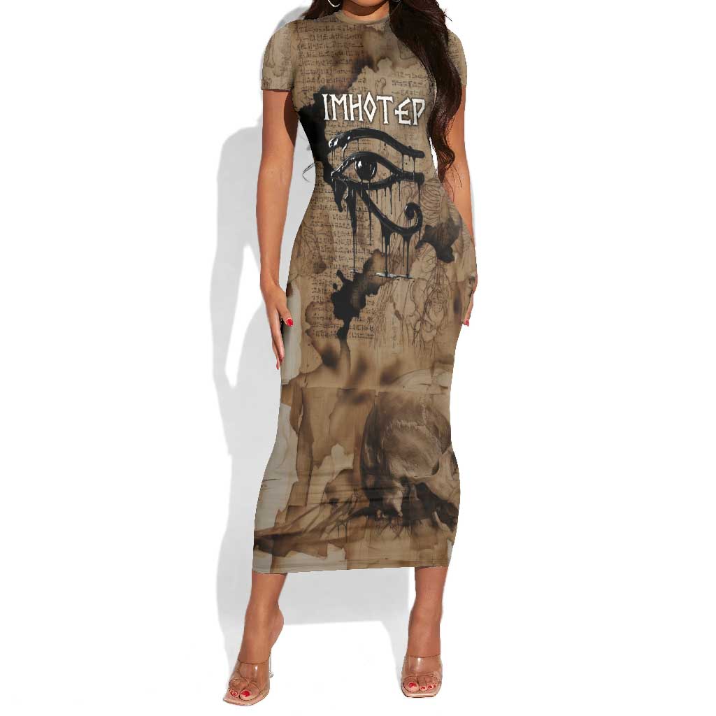Imhotep Eye of Horus Short Sleeve Bodycon Dress Papyrus Scrolls Ancient Egyptian Medicine