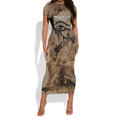 Imhotep Eye of Horus Short Sleeve Bodycon Dress Papyrus Scrolls Ancient Egyptian Medicine