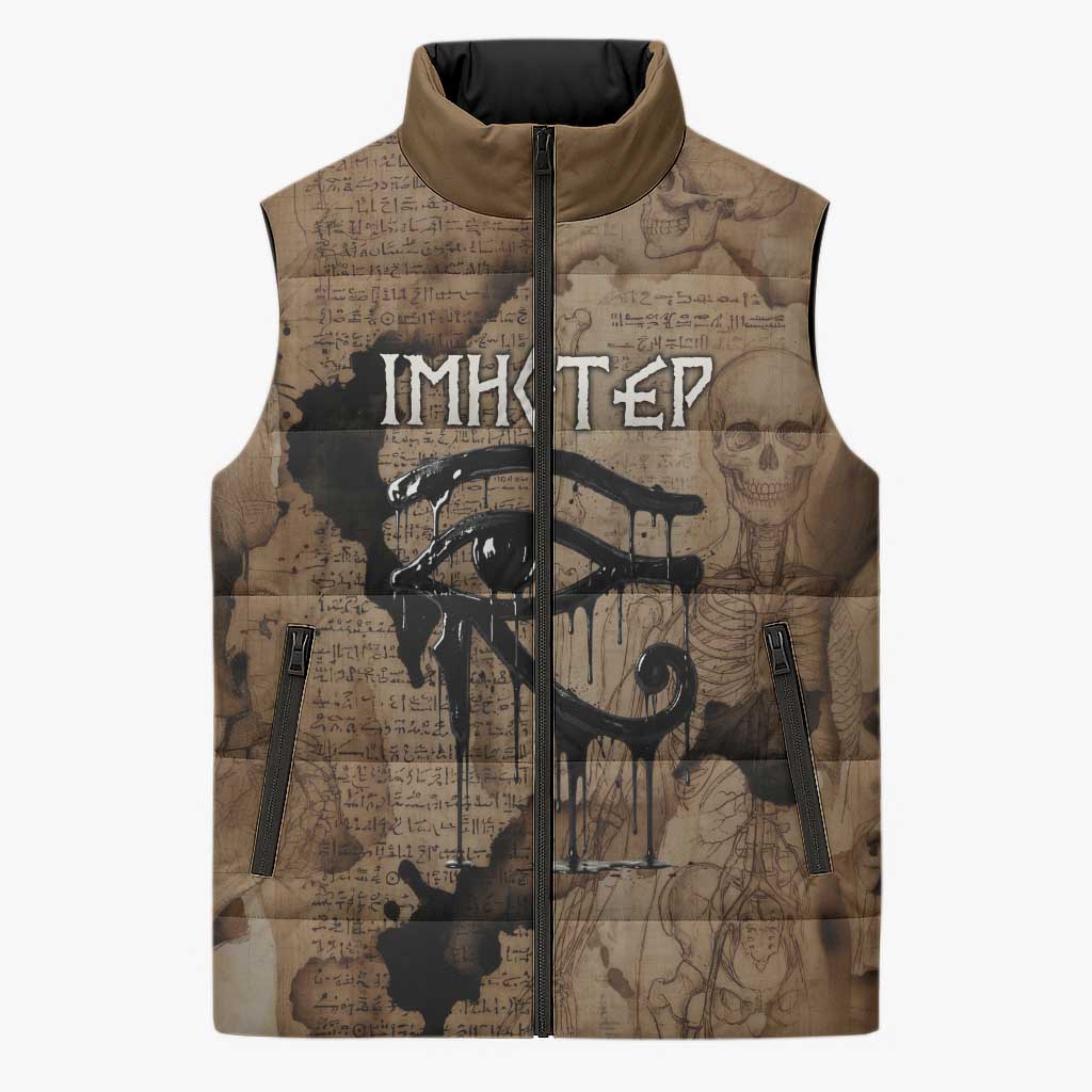 Imhotep Eye of Horus Sleeveless Puffer Jacket Papyrus Scrolls Ancient Egyptian Medicine