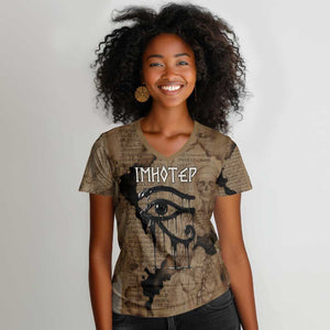 Imhotep Eye of Horus Women V-Neck T-Shirt Papyrus Scrolls Ancient Egyptian Medicine