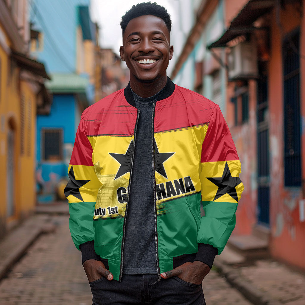 Ghana Republic Day Bomber Jacket Ghanaian Pride Flag Colors With Coat Of Arms And Black Star