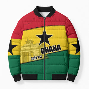Ghana Republic Day Bomber Puffer Jacket Ghanaian Pride Flag Colors With Coat Of Arms And Black Star