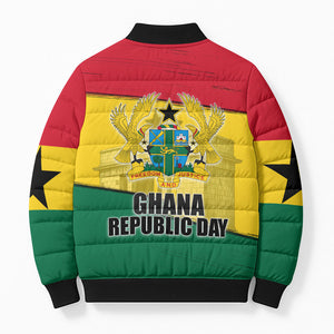 Ghana Republic Day Bomber Puffer Jacket Ghanaian Pride Flag Colors With Coat Of Arms And Black Star