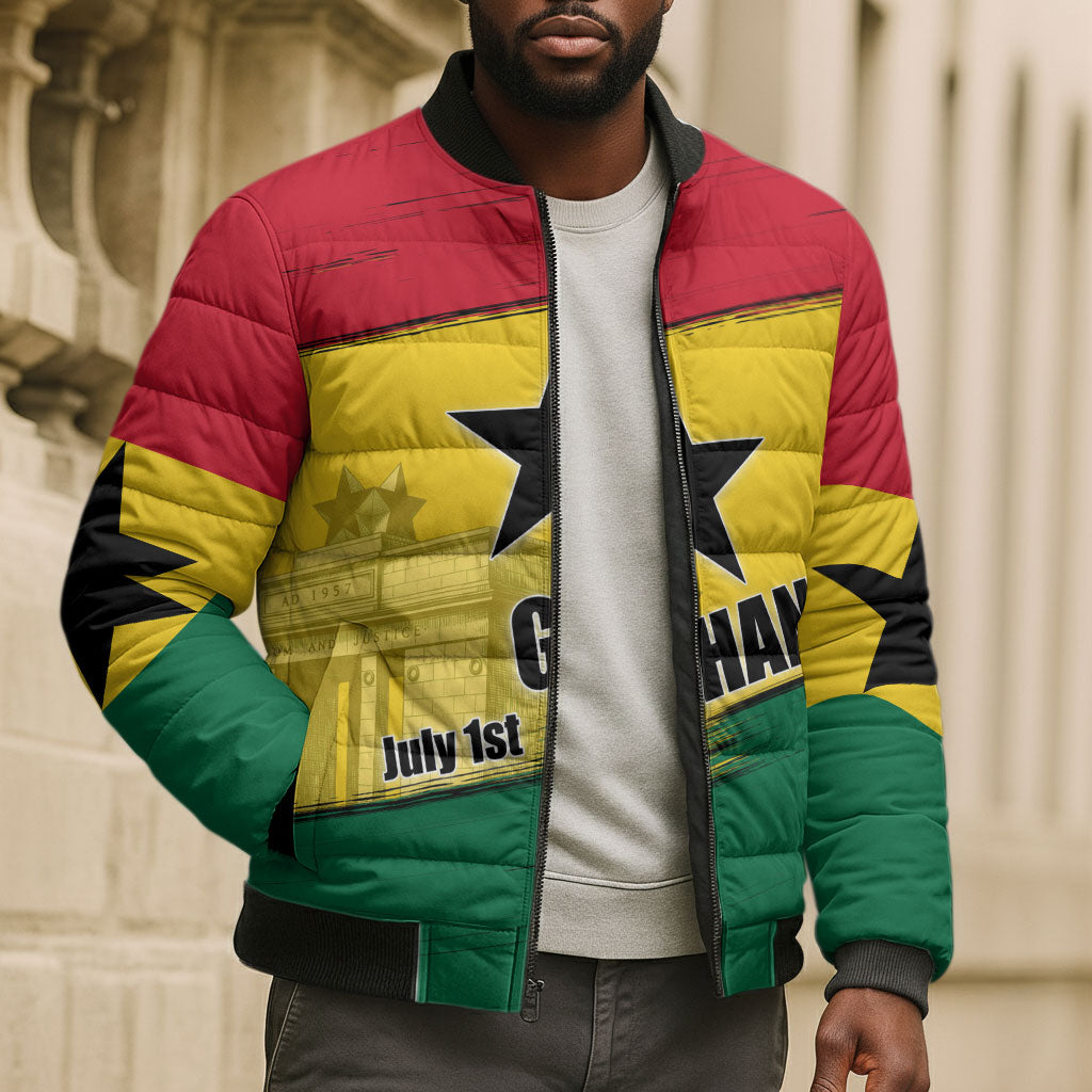 Ghana Republic Day Bomber Puffer Jacket Ghanaian Pride Flag Colors With Coat Of Arms And Black Star