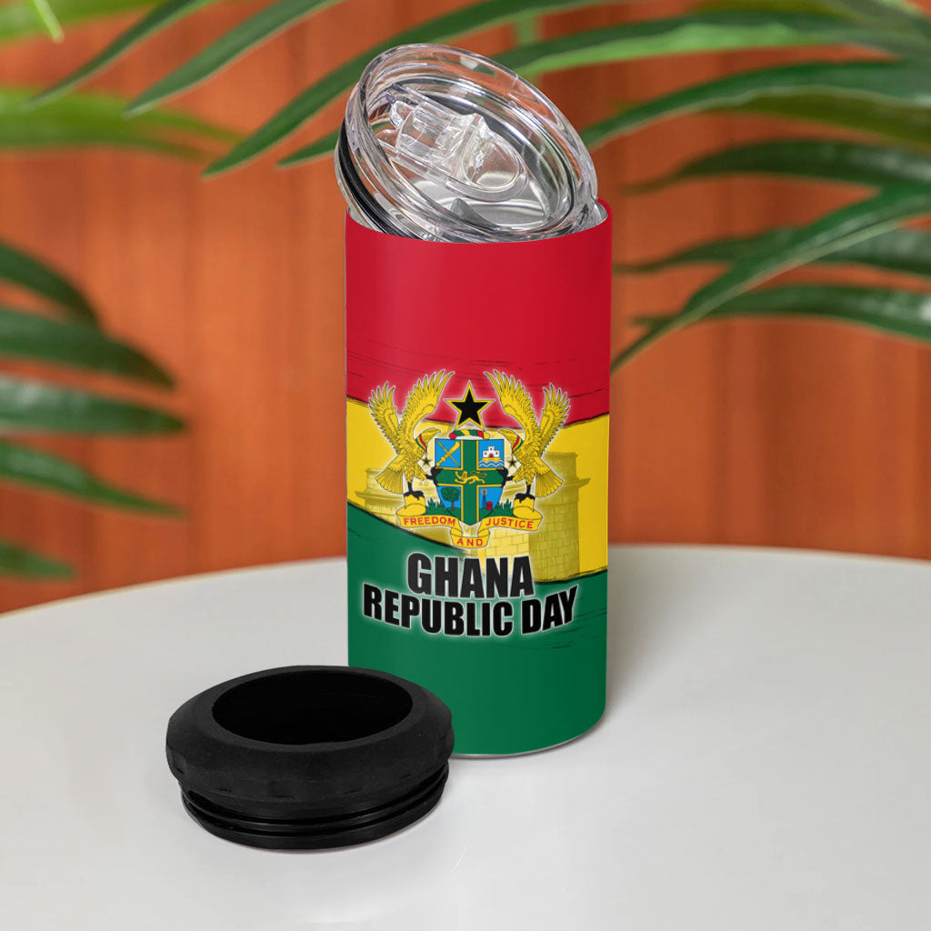 Ghana Republic Day 4 in 1 Can Cooler Tumbler Ghanaian Pride Flag Colors With Coat Of Arms And Black Star