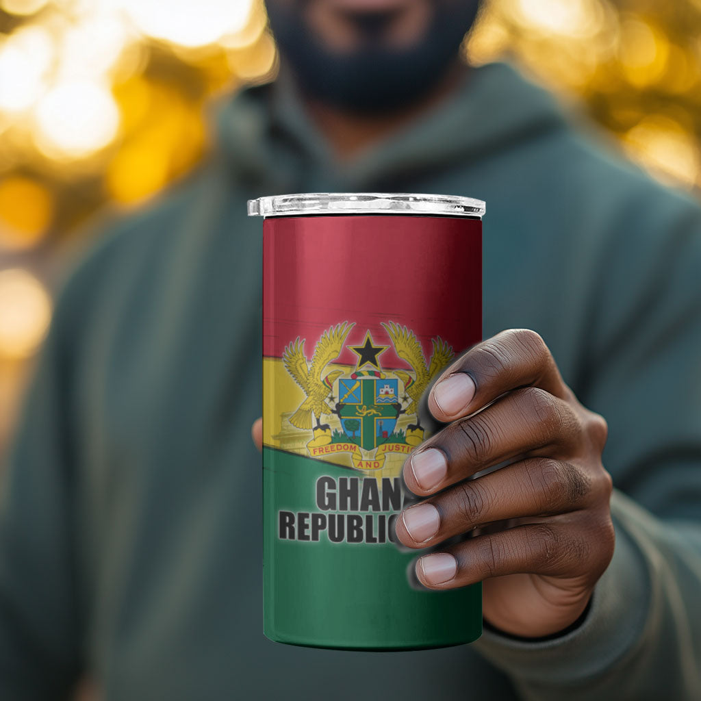 Ghana Republic Day 4 in 1 Can Cooler Tumbler Ghanaian Pride Flag Colors With Coat Of Arms And Black Star