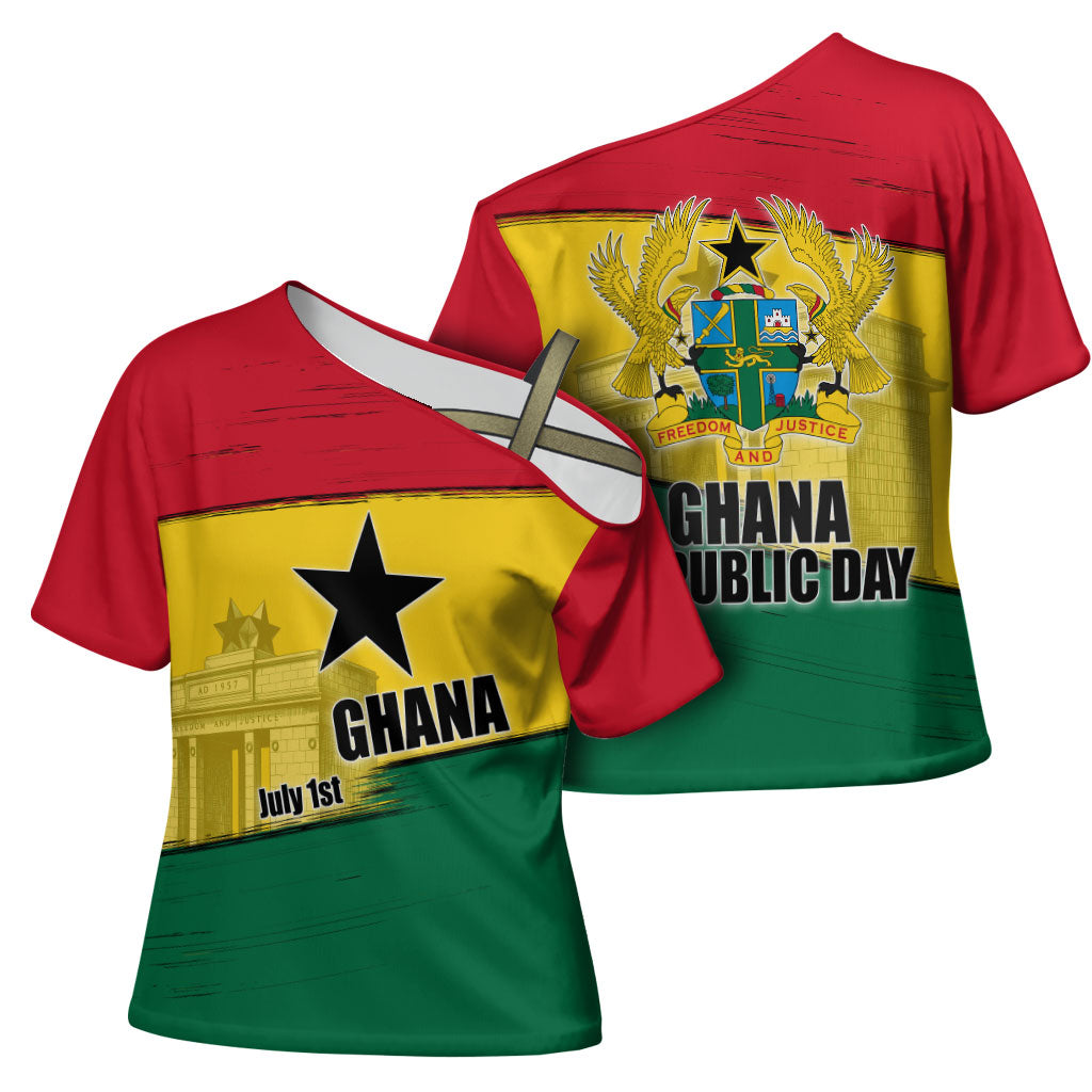 Ghana Republic Day Cross Shoulder Shirt Ghanaian Pride Flag Colors With Coat Of Arms And Black Star