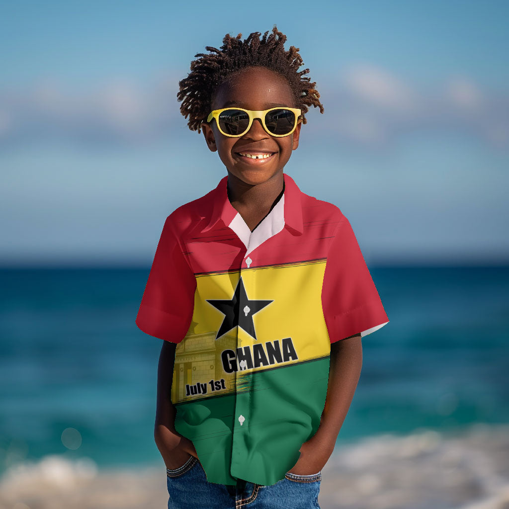 Ghana Republic Day Kid Hawaiian Shirt Ghanaian Pride Flag Colors With Coat Of Arms And Black Star