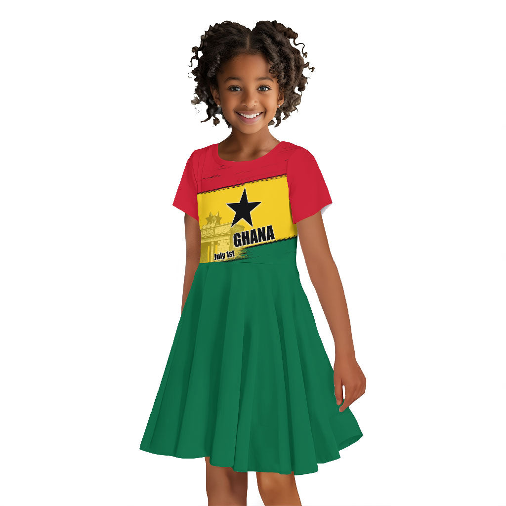 Ghana Republic Day Kid Short Sleeve Dress Ghanaian Pride Flag Colors With Coat Of Arms And Black Star