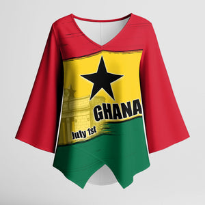 Ghana Republic Day Kimono Sleeve Blouse Ghanaian Pride Flag Colors With Coat Of Arms And Black Star