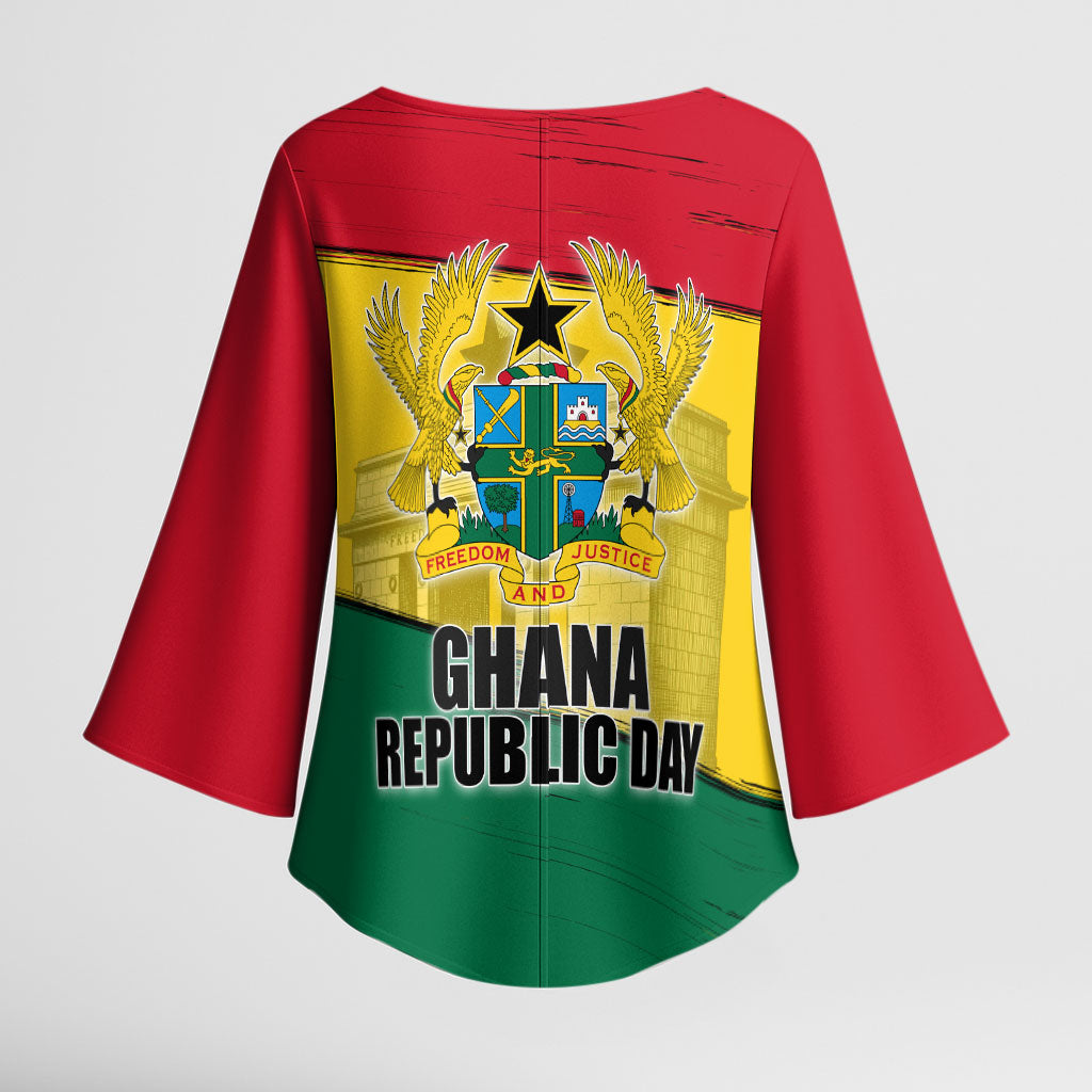 Ghana Republic Day Kimono Sleeve Blouse Ghanaian Pride Flag Colors With Coat Of Arms And Black Star