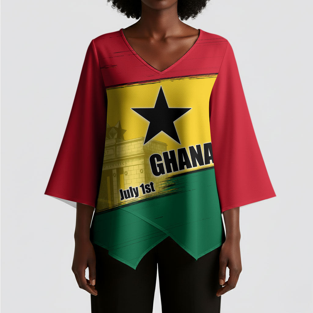Ghana Republic Day Kimono Sleeve Blouse Ghanaian Pride Flag Colors With Coat Of Arms And Black Star