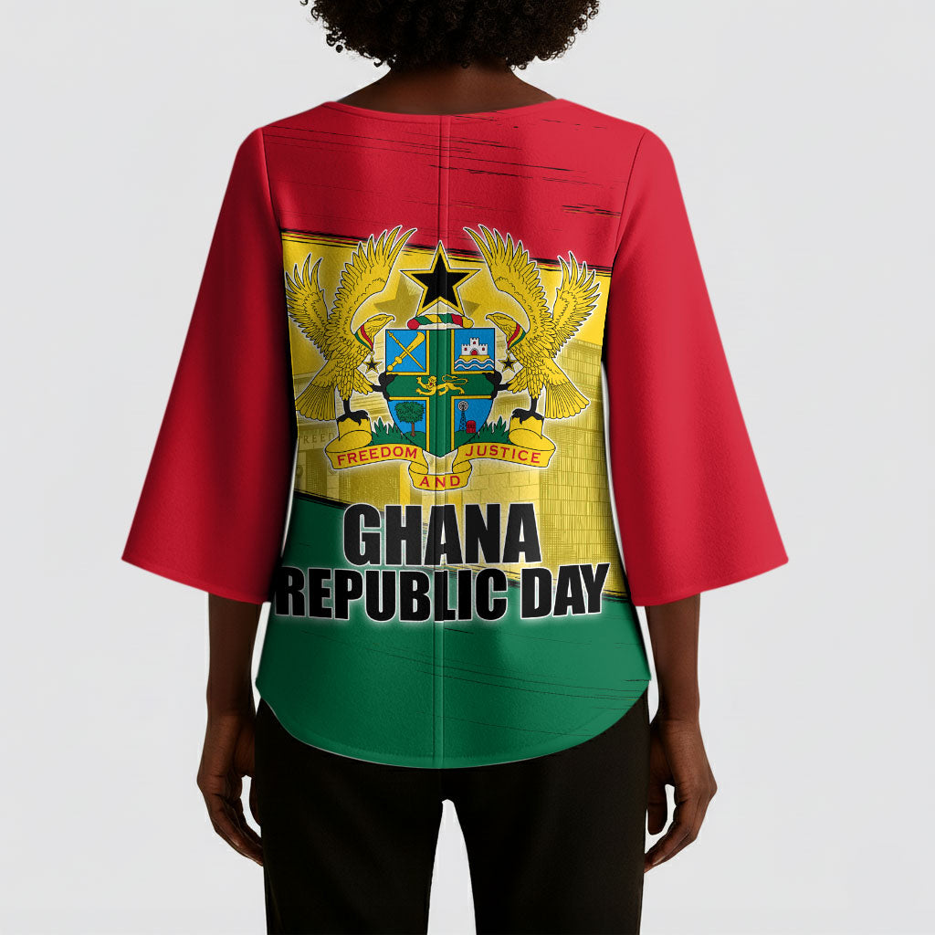 Ghana Republic Day Kimono Sleeve Blouse Ghanaian Pride Flag Colors With Coat Of Arms And Black Star