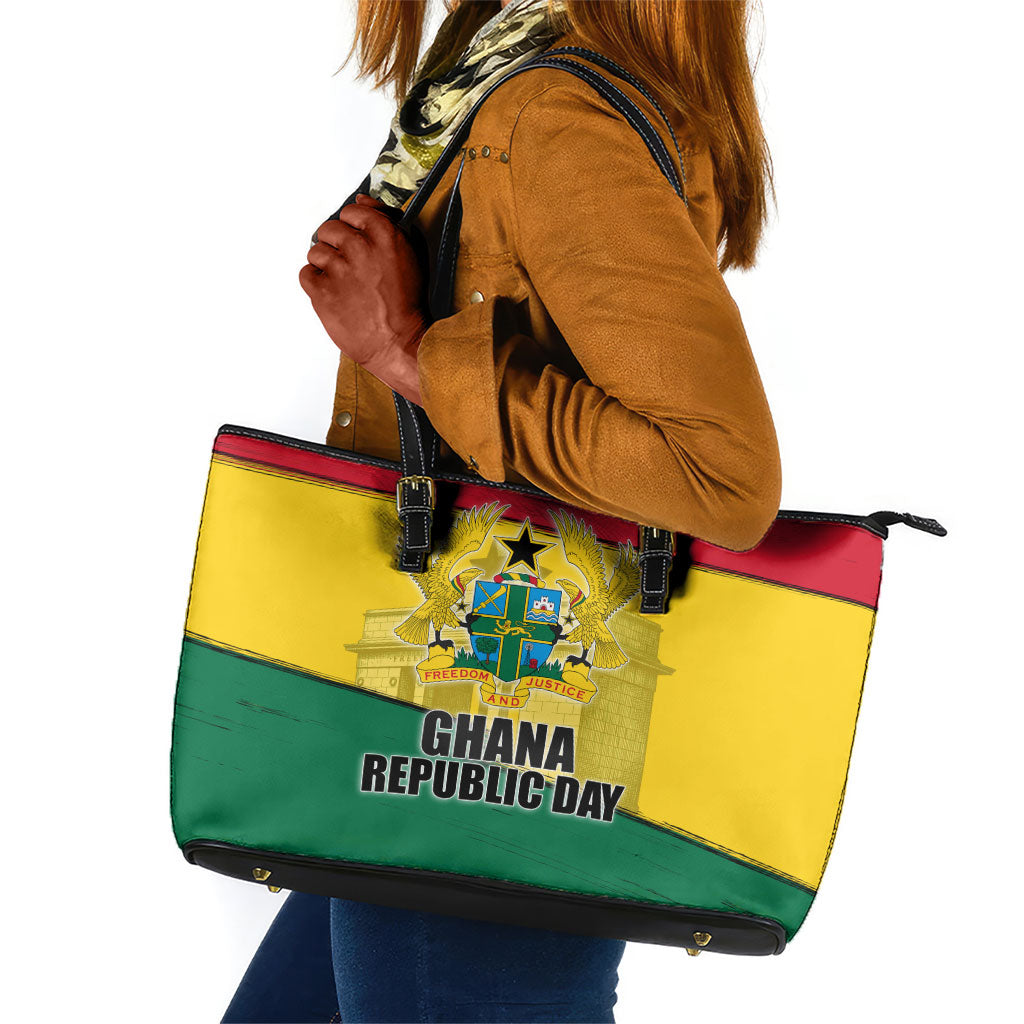Ghana Republic Day Leather Tote Bag Ghanaian Pride Flag Colors With Coat Of Arms And Black Star