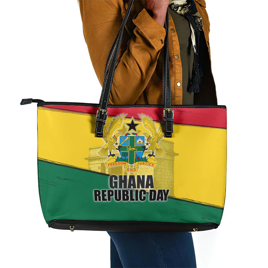 Ghana Republic Day Leather Tote Bag Ghanaian Pride Flag Colors With Coat Of Arms And Black Star