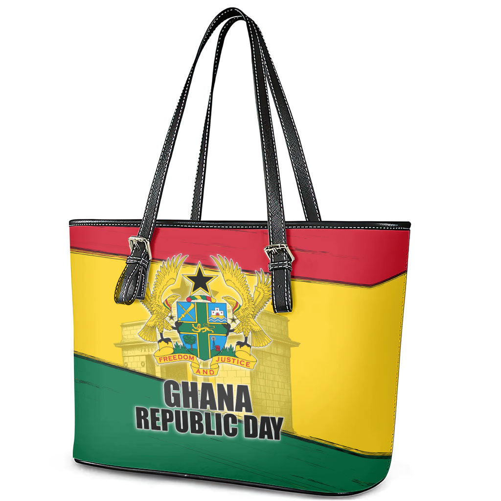 Ghana Republic Day Leather Tote Bag Ghanaian Pride Flag Colors With Coat Of Arms And Black Star