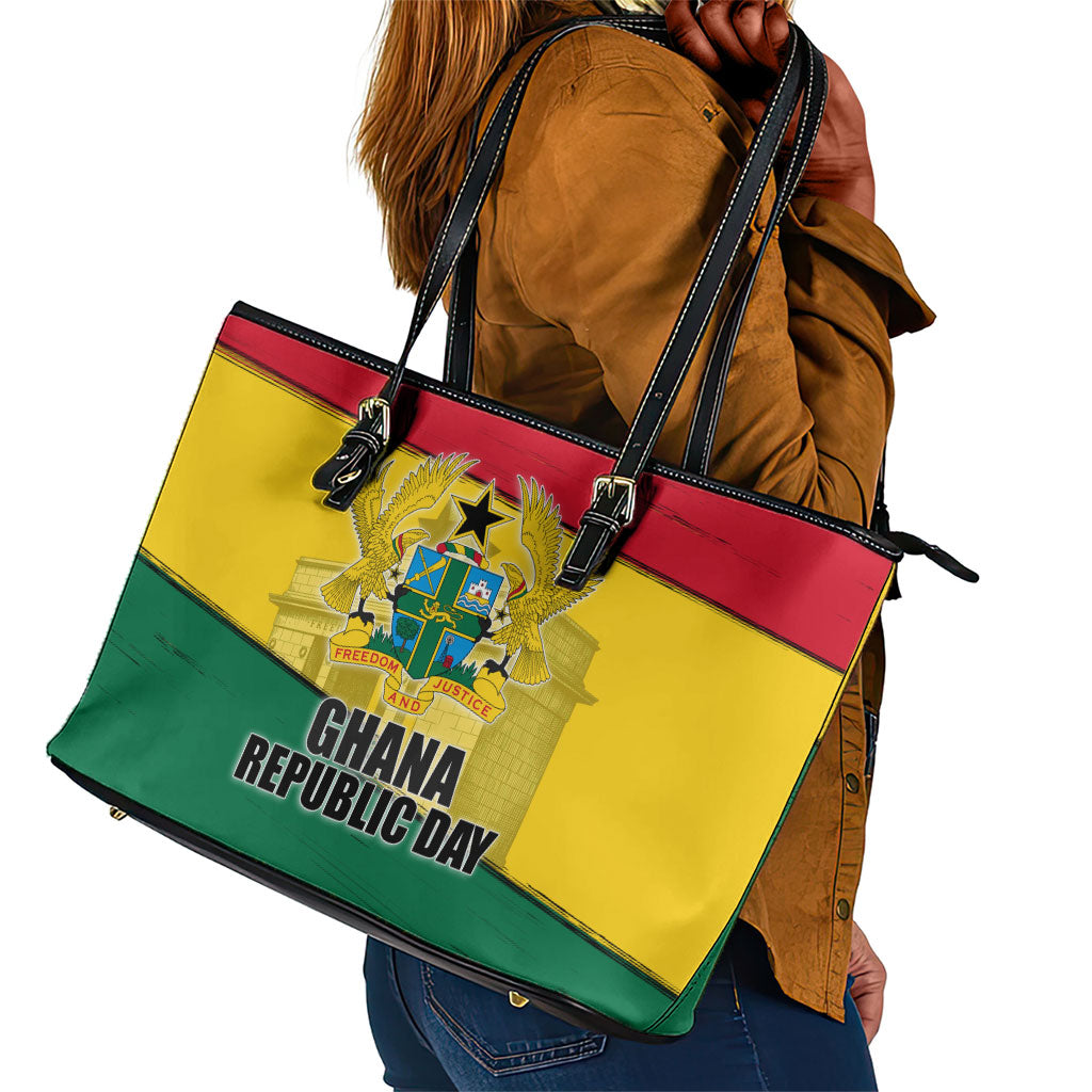 Ghana Republic Day Leather Tote Bag Ghanaian Pride Flag Colors With Coat Of Arms And Black Star