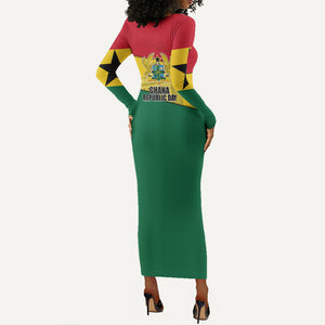 Ghana Republic Day Long Sleeve Bodycon Dress Ghanaian Pride Flag Colors With Coat Of Arms And Black Star