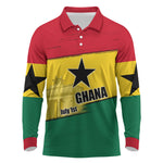 Ghana Republic Day Long Sleeve Polo Shirt Ghanaian Pride Flag Colors With Coat Of Arms And Black Star