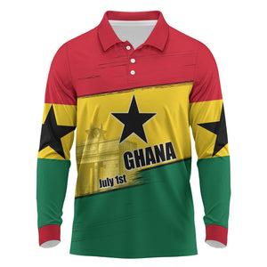 Ghana Republic Day Long Sleeve Polo Shirt Ghanaian Pride Flag Colors With Coat Of Arms And Black Star