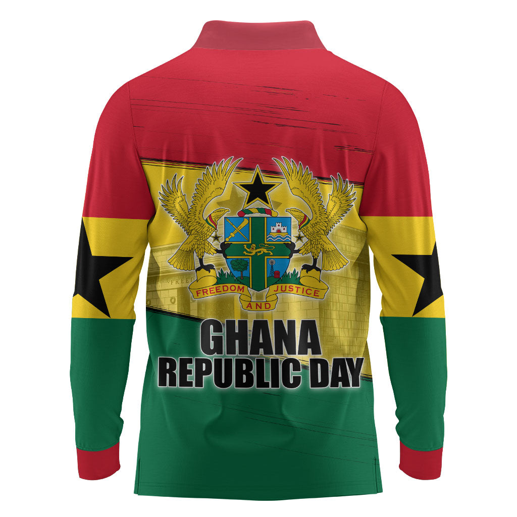 Ghana Republic Day Long Sleeve Polo Shirt Ghanaian Pride Flag Colors With Coat Of Arms And Black Star