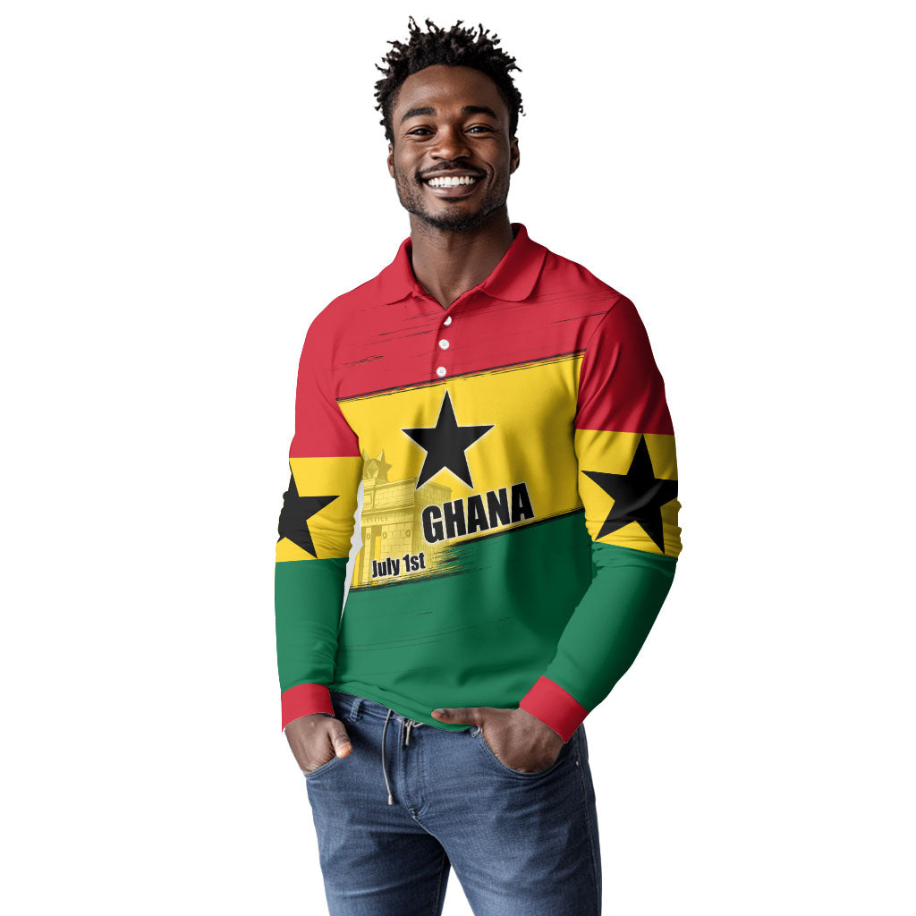 Ghana Republic Day Long Sleeve Polo Shirt Ghanaian Pride Flag Colors With Coat Of Arms And Black Star