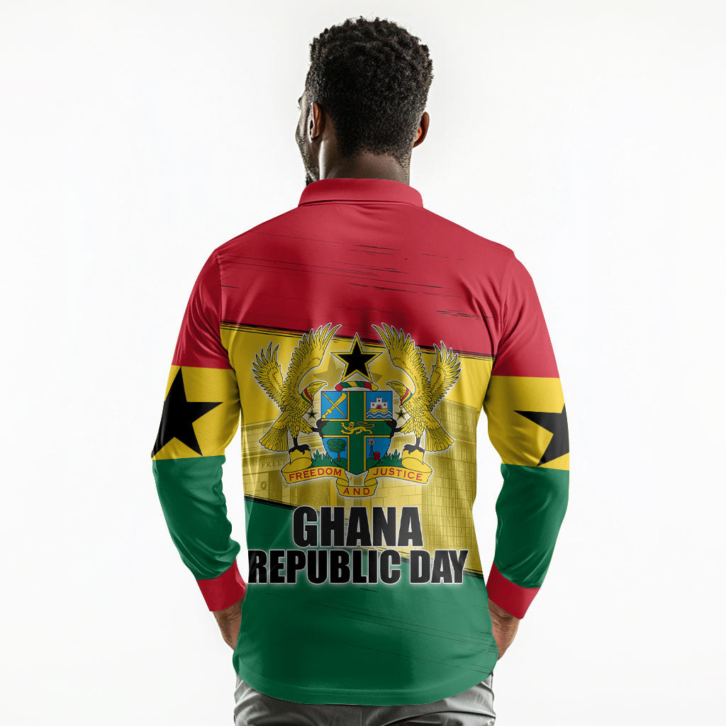 Ghana Republic Day Long Sleeve Polo Shirt Ghanaian Pride Flag Colors With Coat Of Arms And Black Star