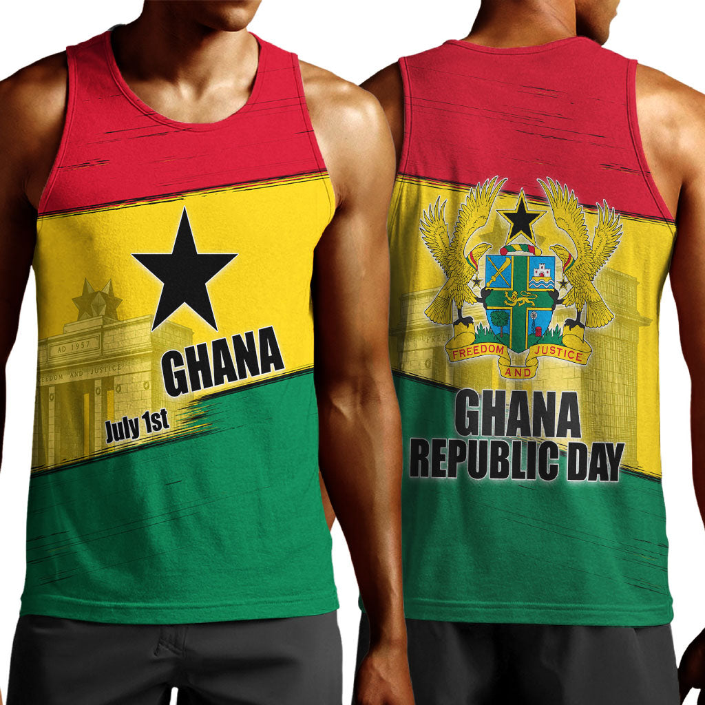 Ghana Republic Day Men Tank Top Ghanaian Pride Flag Colors With Coat Of Arms And Black Star