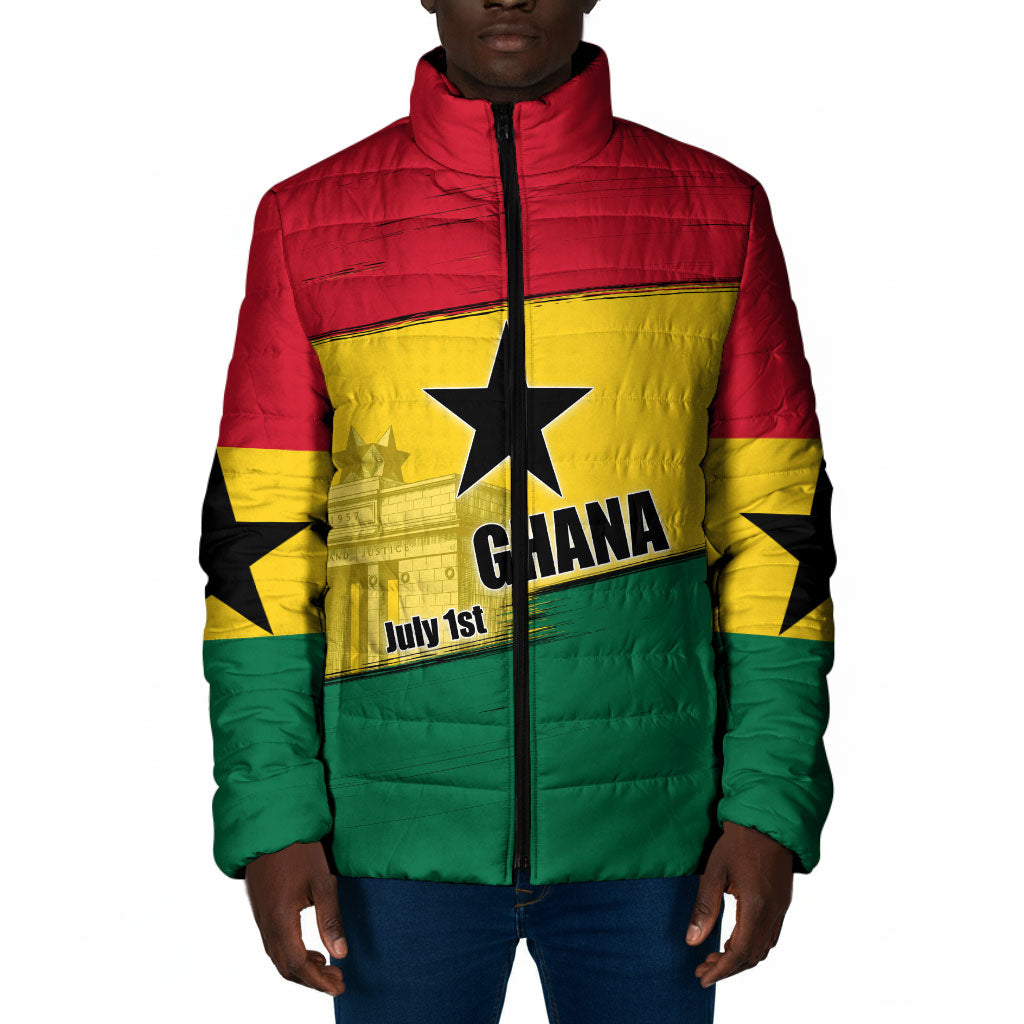Ghana Republic Day Padded Jacket Ghanaian Pride Flag Colors With Coat Of Arms And Black Star