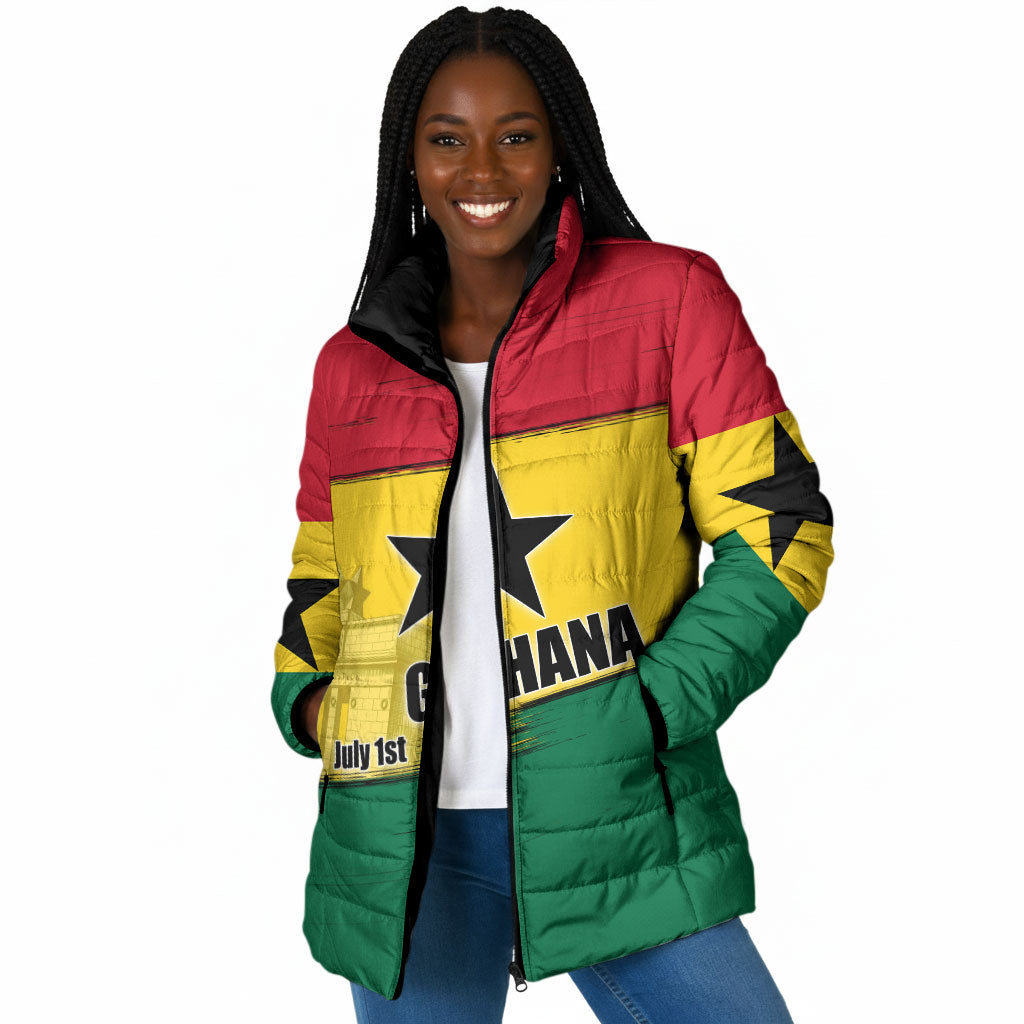 Ghana Republic Day Padded Jacket Ghanaian Pride Flag Colors With Coat Of Arms And Black Star