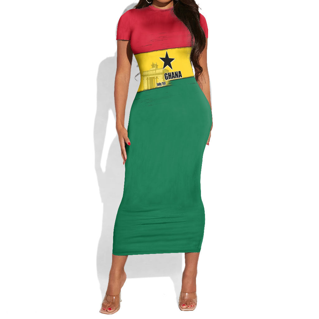 Ghana Republic Day Short Sleeve Bodycon Dress Ghanaian Pride Flag Colors With Coat Of Arms And Black Star