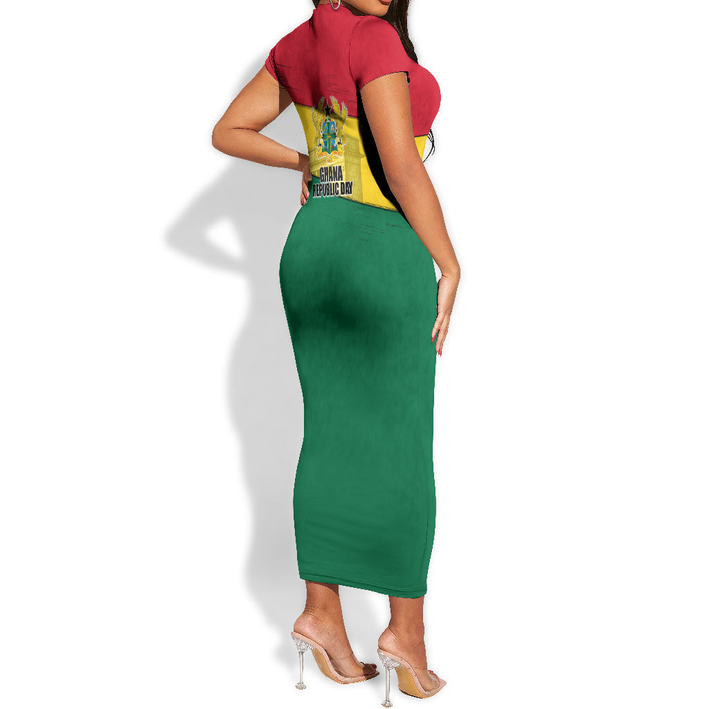 Ghana Republic Day Short Sleeve Bodycon Dress Ghanaian Pride Flag Colors With Coat Of Arms And Black Star