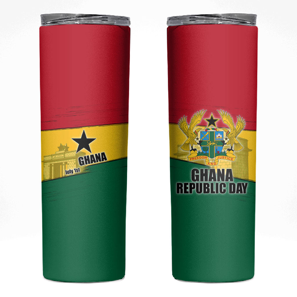 Ghana Republic Day Skinny Tumbler Ghanaian Pride Flag Colors With Coat Of Arms And Black Star